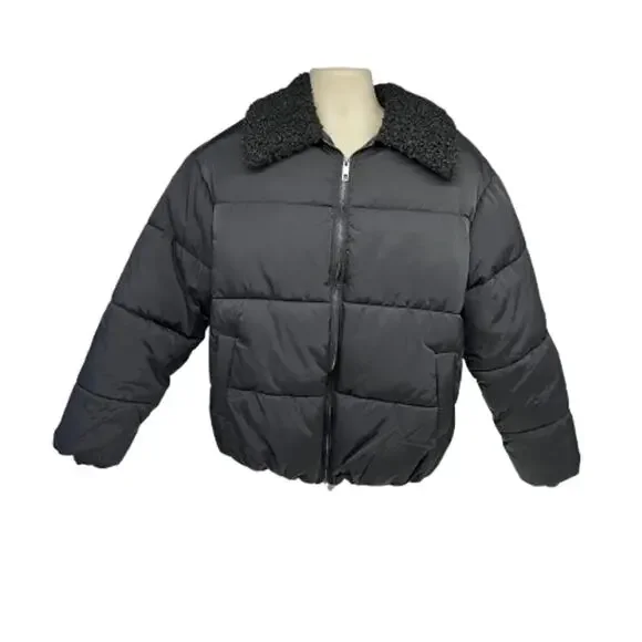 Urban Outfitters Mens Black Puffer Zip Up Jacket Medium Pockets Sherpa Collar